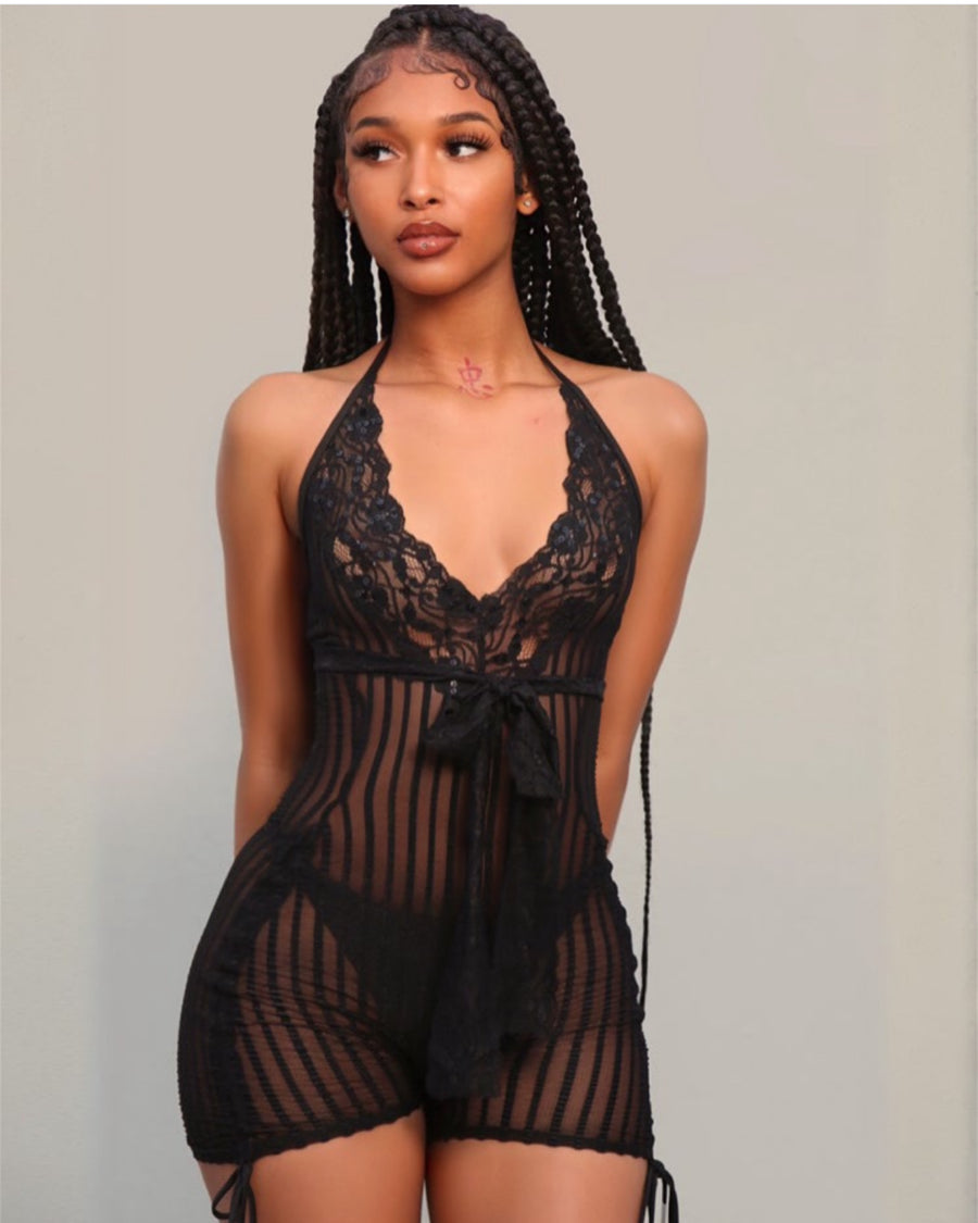 Ribbed Black Sheer Romper