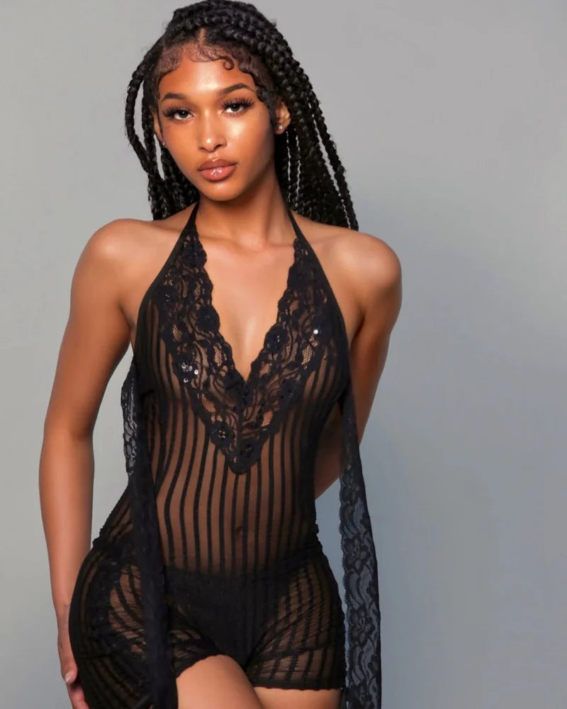 Ribbed Black Sheer Romper