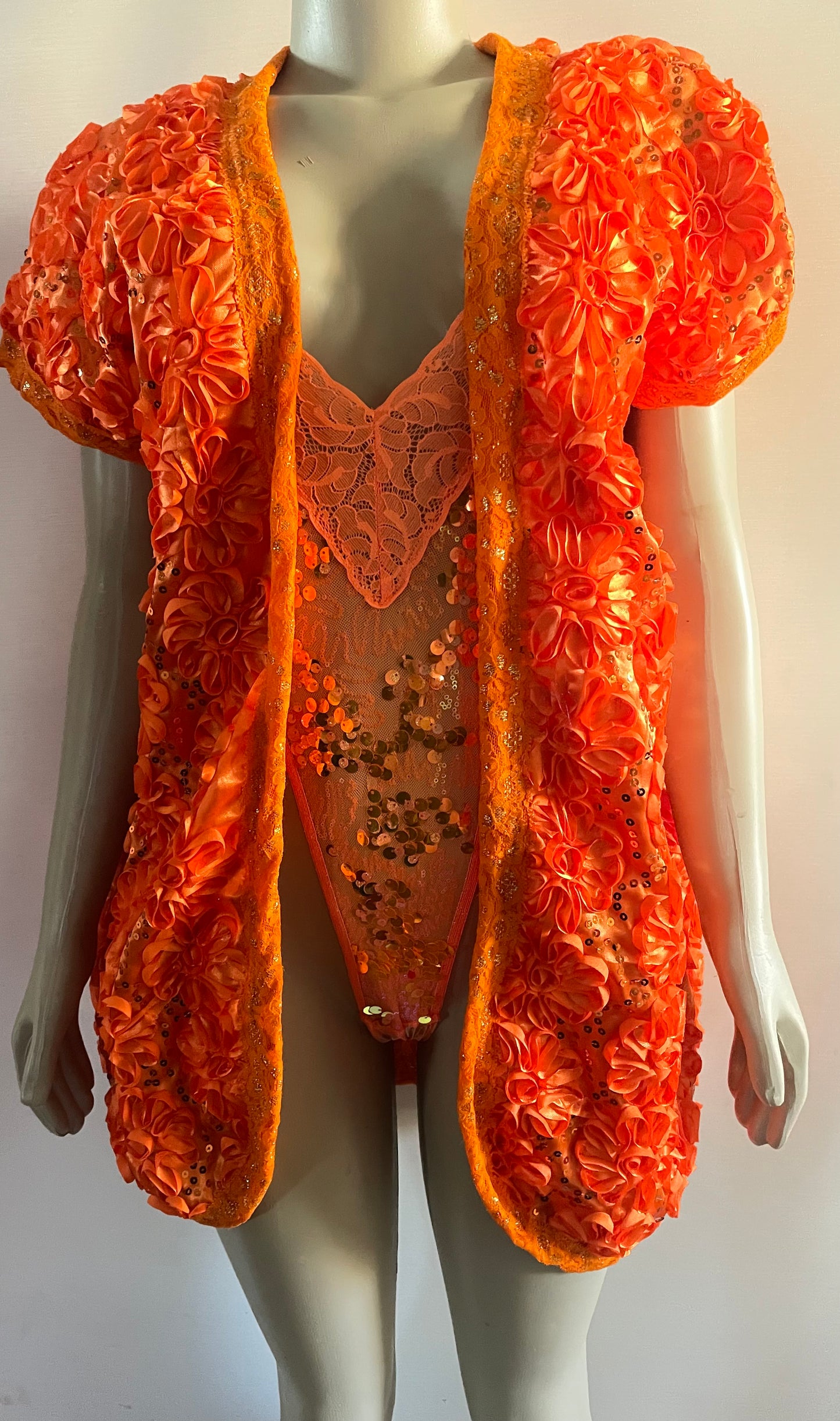 3D GOLD SEQUIN ORANGE Blossom SATIN DRESS COAT