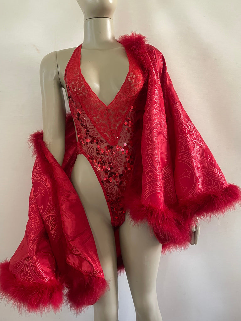 CHURCH Scarlet Satin Brocade FEATHER DRESS COAT WRAP